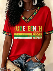 Women's Juneteenth History Culture Excellence Respect Print Casual V-Neck Tee