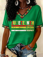 Women's Juneteenth History Culture Excellence Respect Print Casual V-Neck Tee