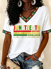 Women's Juneteenth History Culture Excellence Respect Print Casual V-Neck Tee