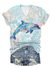 Women's Dolphin World Ocean Day Printed V-neck T-shirt