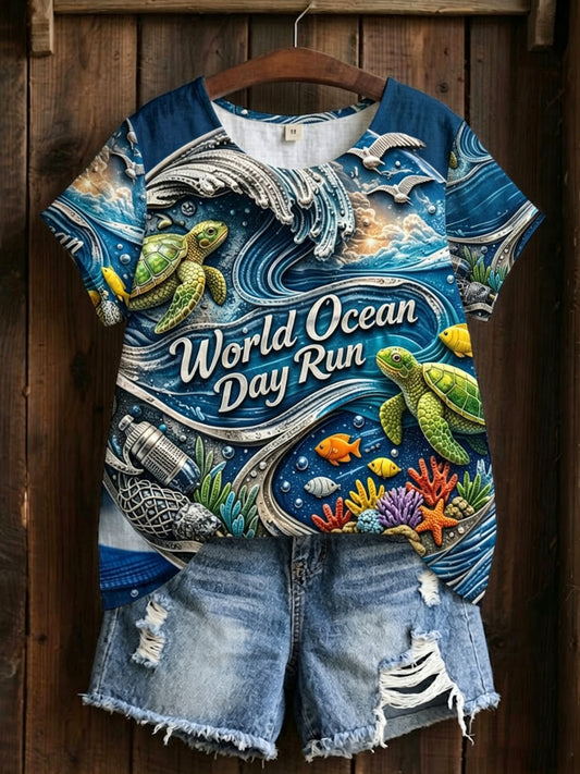 Women's Sea Turtle World Ocean Day Printed Linen T-shirt
