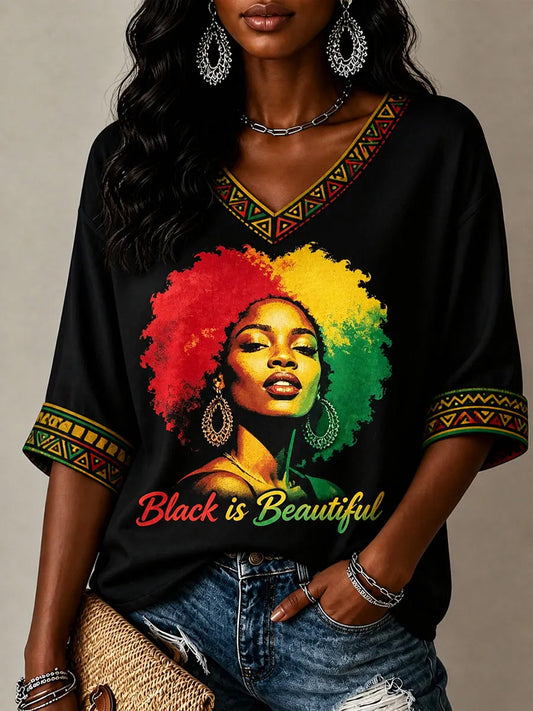 Women's Juneteenth Black Is Beautiful Print V-Neck Tee