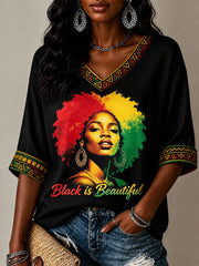 Women's Juneteenth Black Is Beautiful Print V-Neck Tee