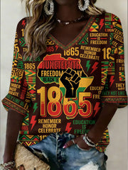 Women's Juneteenth Mid-length Sleeves V-Neck T-Shirt
