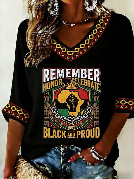 Women's Juneteenth Black And Proud Mid-length Sleeves V-Neck T-Shirt