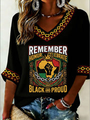 Women's Juneteenth Black And Proud Mid-length Sleeves V-Neck T-Shirt