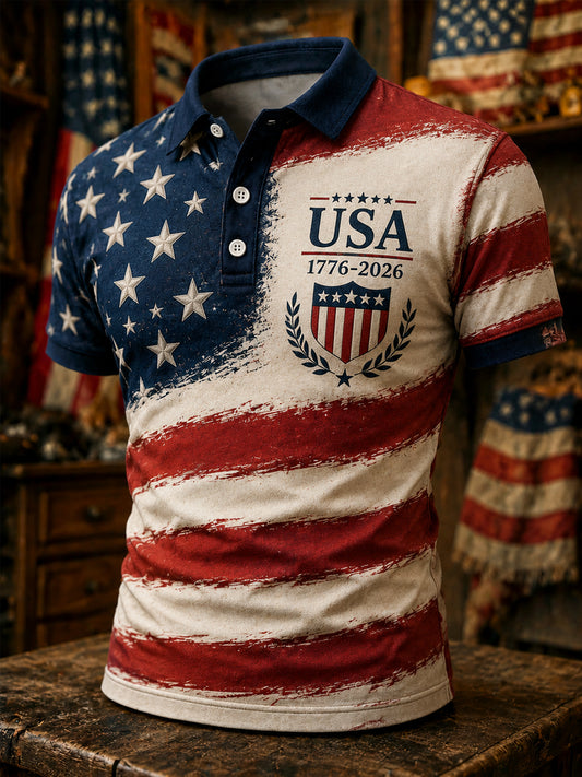Men's Independence Day USA Flag Print Casual Patriotic Polo