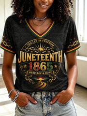Women's Juneteenth Rooted In Freedom Printed Casual V-neck T-shirt