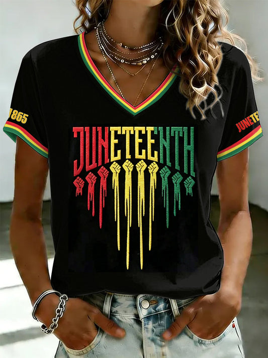 Women's Juneteenth Design Printed V-neck T-shirt