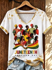 Women's Juneteenth Print Casual V-Neck Tee