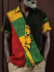 Men's retro reggae color-blocked design casual linen short-sleeve shirt