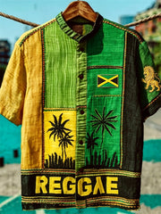 Men's Reggae Lion Jamaica Coast & Flag Colorblock Print Short Sleeve Shirt