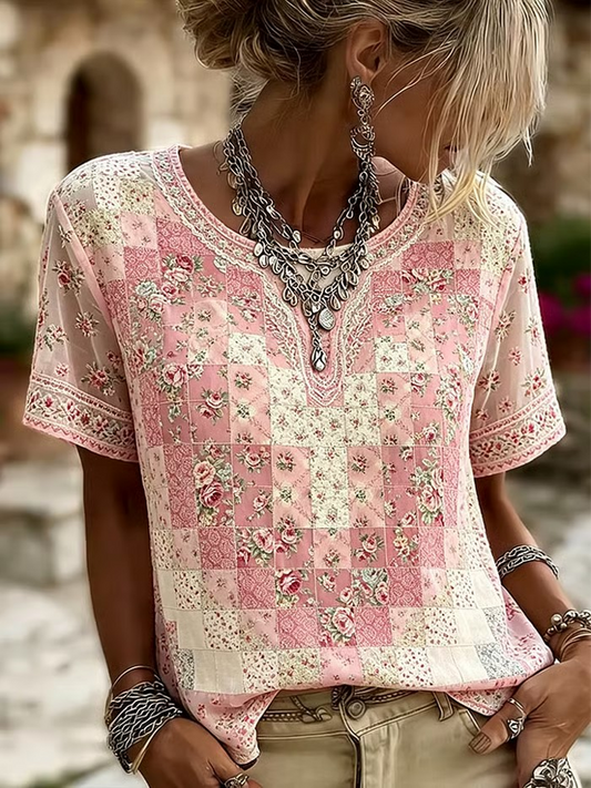 Women's floral print linen short-sleeved T-shirt