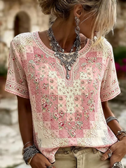 Women's floral print linen short-sleeved T-shirt