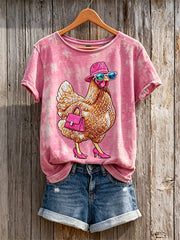 Women's Funny Chic Hen Glitter Print short-sleeved T-shirt
