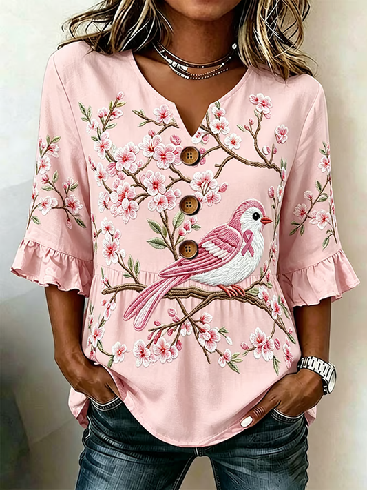 Women's floral print linen short-sleeved T-shirt