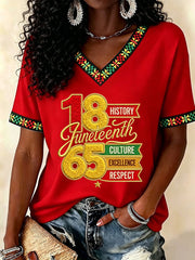 Women's Juneteenth  Print Casual V-Neck Tee