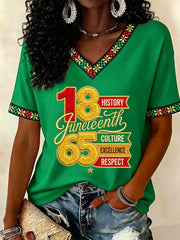 Women's Juneteenth  Print Casual V-Neck Tee