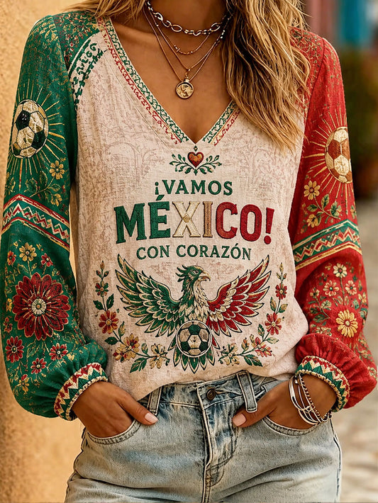 Women's Mexico Football Lover Floral Art Printed Linen T-shirt