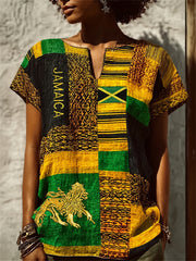 Women's Reggae Lion Jamaica Flag Kente Colorblock Cotton-Linen Shirt