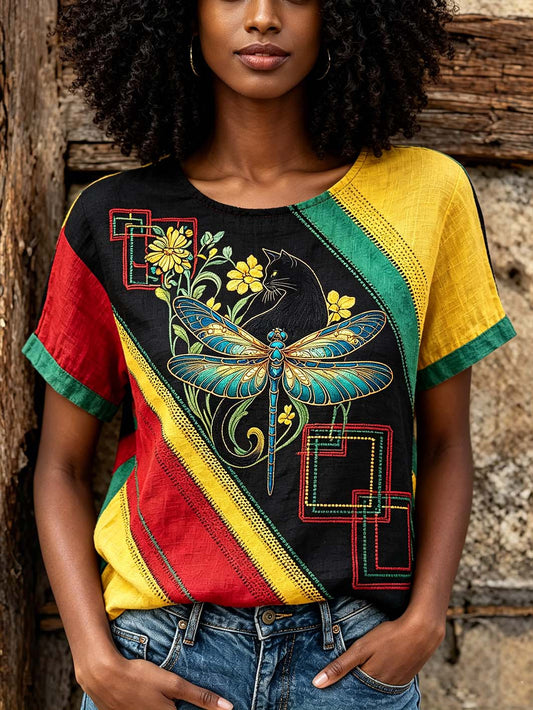 Women's Dragonfly Pattern Printed Color Block Patchwork Retro Linen Short Sleeve T-Shirt