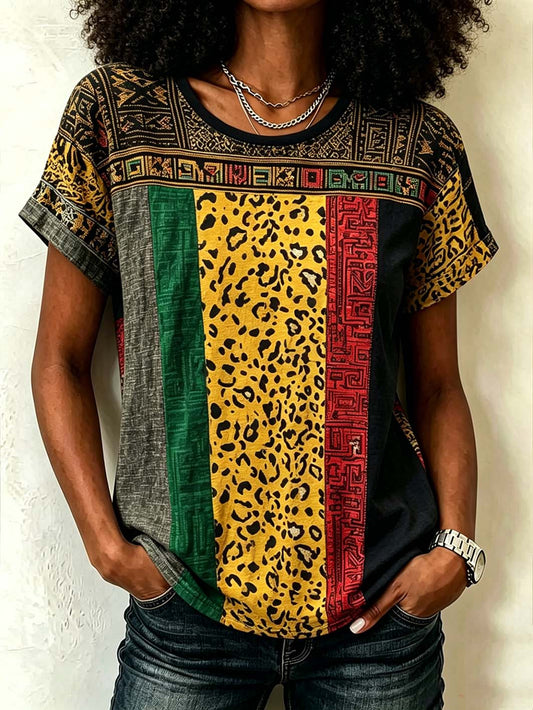 Women's retro ethnic elements and leopard print patchwork design  linen short-sleeved T-shirt