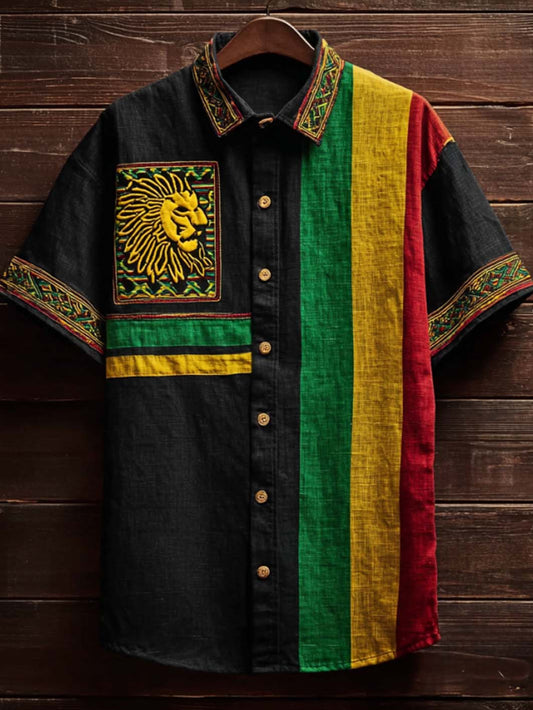 Men's Retro Reggae Color-blocked Design Casual Short Sleeve Shirt