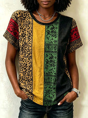 Women's retro ethnic elements and leopard print patchwork design  linen short-sleeved T-shirt