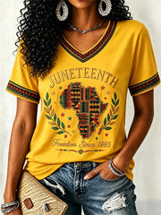 Women's Juneteenth  Print Casual V-Neck Tee