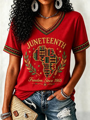 Women's Juneteenth  Print Casual V-Neck Tee