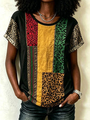 Women's retro ethnic elements and leopard print patchwork design  linen short-sleeved T-shirt