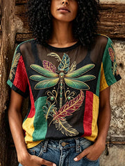 Women's Dragonfly Pattern Printed Color Block Patchwork Retro Linen Short Sleeve T-Shirt