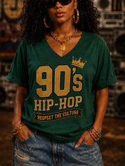 Women's Retro 90s Old School Hip-Hop Print Casual V-Neck Tee