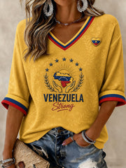 Women's Venezuela Strong Printed Mid-length Sleeves V-Neck T-Shirt