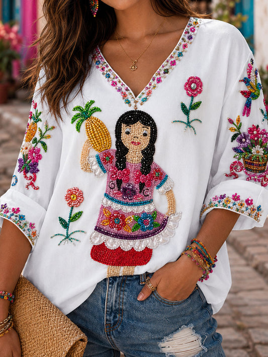 Women's Mexico Guelaguetza Lele Doll Art Printed Linen T-shirt