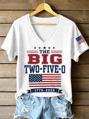 Women's Red White Two-Five-O USA Flag Print Casual Patriotic V-Neck Tee