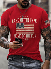 Men's Land Of The Free Home Of The Fun USA Flag Print Casual Patriotic Tee