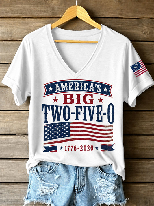 Women's America's Two-Five-O USA Flag Print Casual Patriotic V-Neck Tee