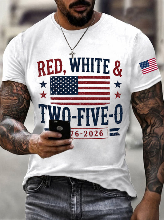 Men's Red White Two-Five-O USA Flag Print Casual Patriotic Tee