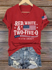 Women's Red White Two-Five-O USA Flag Print Casual Patriotic V-Neck Tee