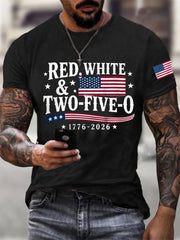 Men's Red White Two-Five-O USA Flag Print Casual Patriotic Tee