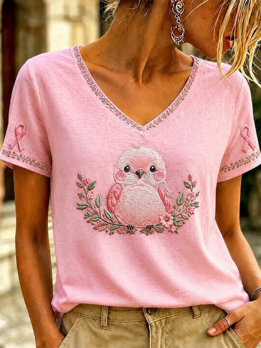 Women's Breast Cancer Pink Art  Printed V-neck T-shirt