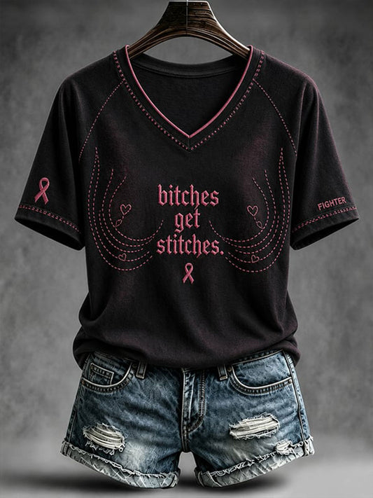Women's Bitches Get Stitches V-neck off-shoulder T-shirt