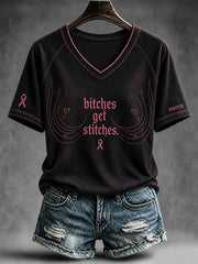 Women's Bitches Get Stitches V-neck off-shoulder T-shirt