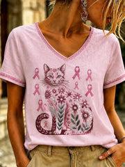 Women's Breast Cancer Pink Art  Printed V-neck T-shirt