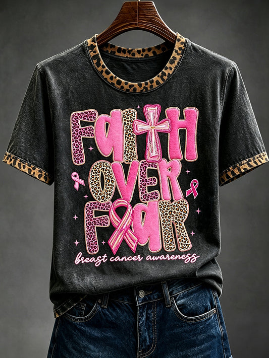 Women's Faith Over Fear Breast Cancer Awareness Leopard Print Short-sleeved T-shirt