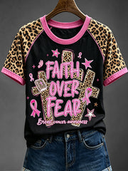 Women's Faith Over Fear Breast Cancer Awareness Leopard Print Short Sleeve T-shirt