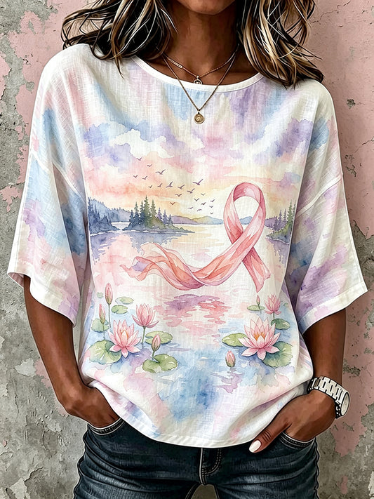 Women's Classy Pink Ribbon Awareness Watercolor Art Print Linen Mid-sleeved T-shirt