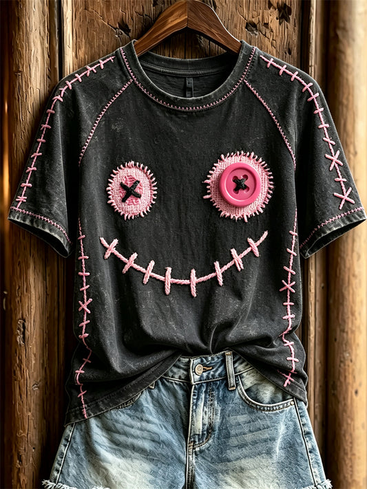 Women's Lovely Monster Face Pink Stitches Print short sleeve T-shirt