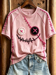 Women's Lovely Monster Face Pink Stitches Print short sleeve T-shirt